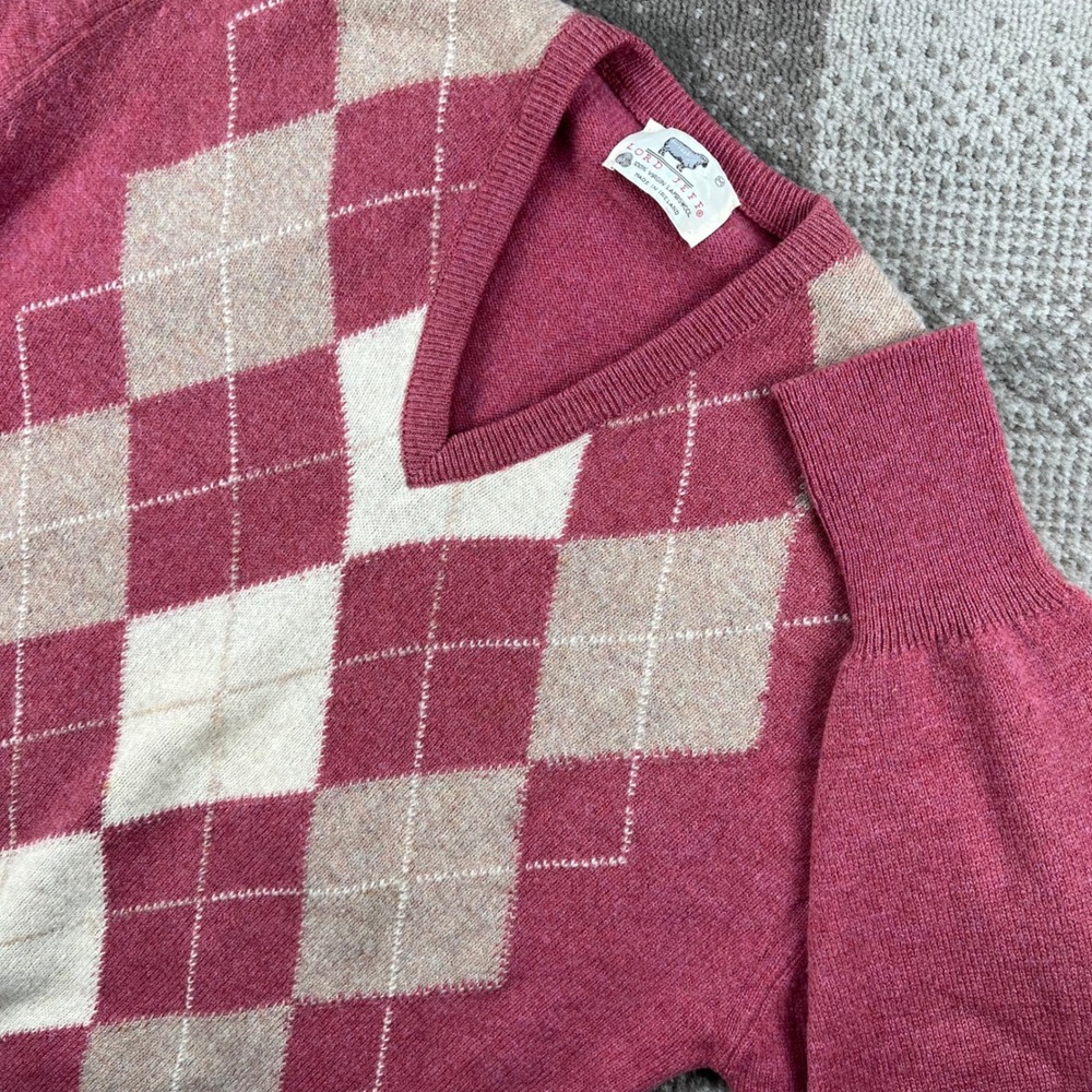 Vintage Lord Jeff Mens M Argyle V-Neck Lambswool Sweater Pink Made in Ireland